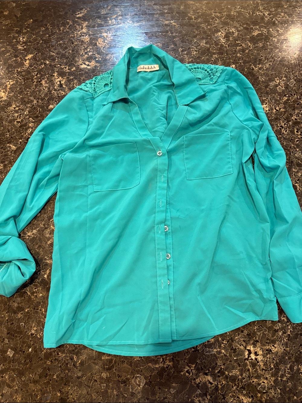 Women's Teal Button-Up Shirt with Crochet Shoulder Detail